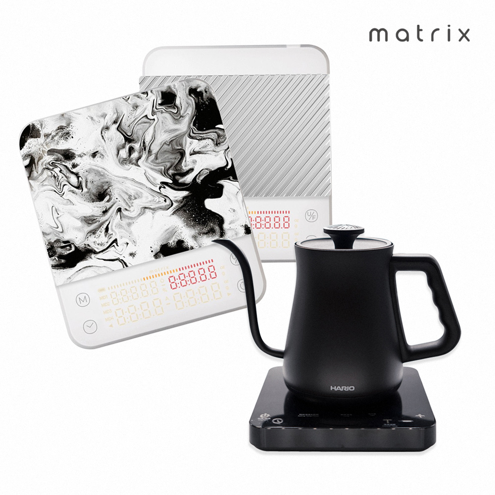 【Matrix X HARIO】M2 Pro AI大師 咖啡秤-白+α 阿爾法溫控細口壺650ml 黑色組合 /AI智能引導/粉液比/粉水比 /手沖咖啡壺