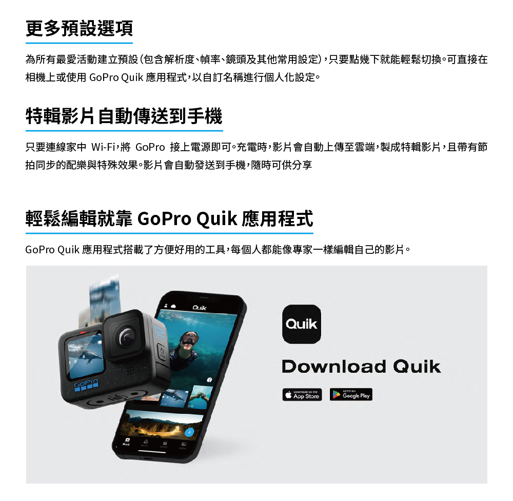 只要連線家中 WiFi,將 GoPro 接上電源即可。充電時,影片會自動上傳至雲端,製成特輯影片,且帶有節