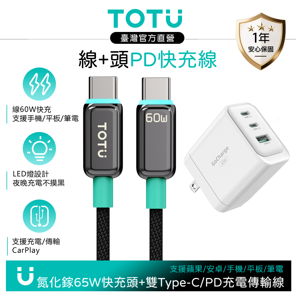 【快充組】TOTU 雙Type-C/PD充電線傳輸線 LED +GaN氮化鎵充電器 65W 白色 支援手機/平板/筆電