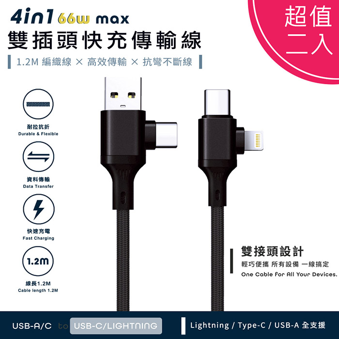 【超值二入】Songwin PD66W 4in1雙插頭快充傳輸線/耐彎折編織線(120cm)
