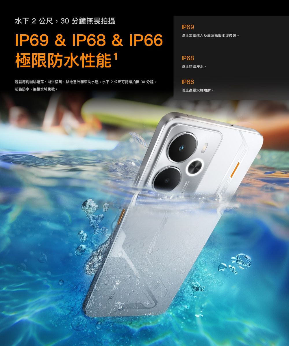 水下 2 公尺,30分鐘無畏拍攝IP69 & IP68 & IP66極限防水性能輕鬆應對咖啡、淋浴蒸氣、泳池意外和車洗水壓,水下2公尺可持續拍攝30分鐘,超強防水,無懼水域挑戰。IP69防止灰塵進入及高溫高壓水流侵襲。IP68防止持續浸水。IP66防止高壓水柱噴射。