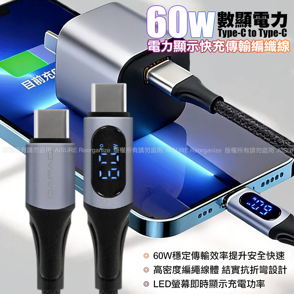 DAPAD Type-C to Type-C 60W 電力顯示快充傳輸編織線-1米