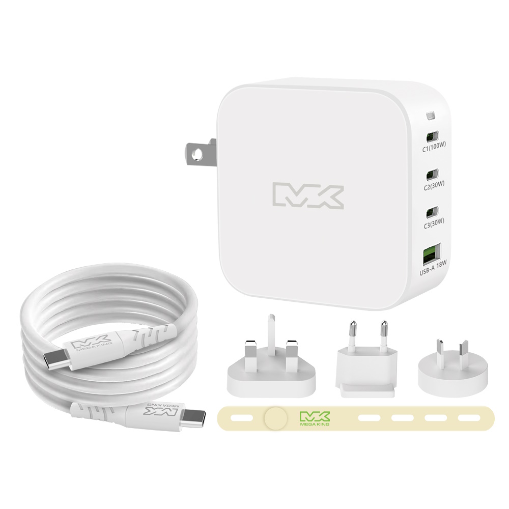 MEGA KING 100W 全能旅充收納組(100W 氮化鎵旅充頭 +100W高速充電線附萬國轉接器)