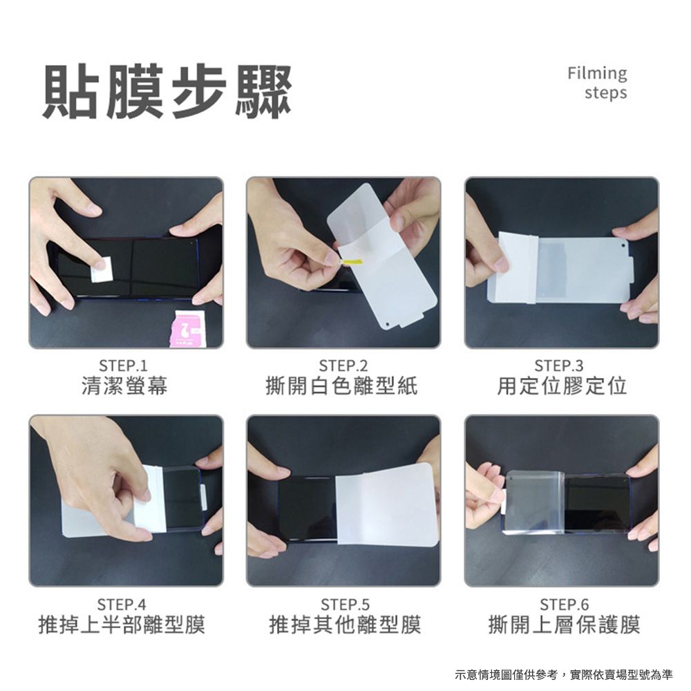 貼膜步驟FilmingstepsSTEP.1STEP.2STEP.3清潔螢幕撕開白色離型紙用定位膠定位STEP.4STEP.5推掉上半部離型膜推掉其他離型膜STEP.6撕開上層保護膜示意情境圖僅供參考,實際依賣場型號為準