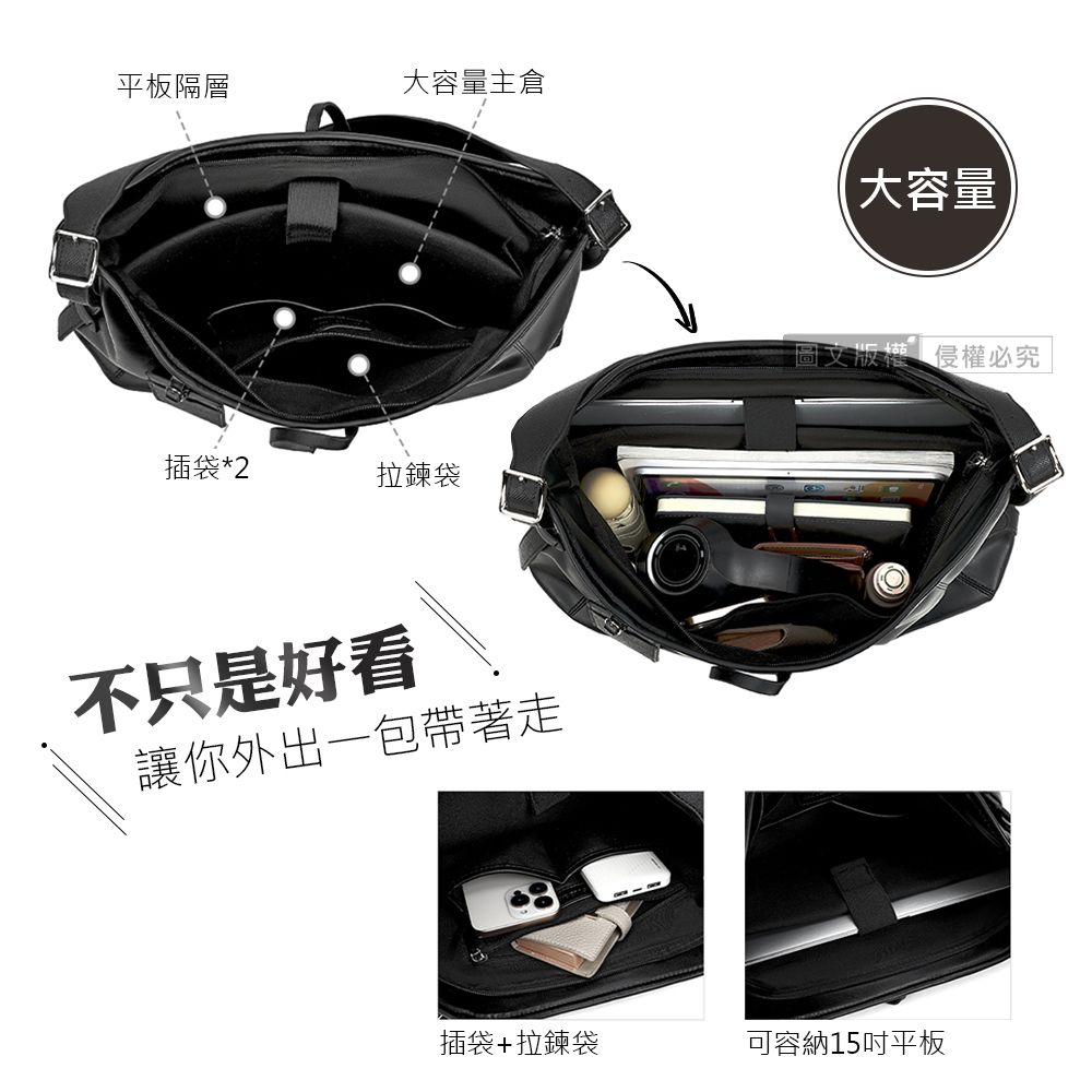平板隔層大容量主倉大容量插袋*2拉鍊袋不只是好看讓你外出一包帶著走圖文版權侵權必究插袋拉鍊袋可容納15吋平板