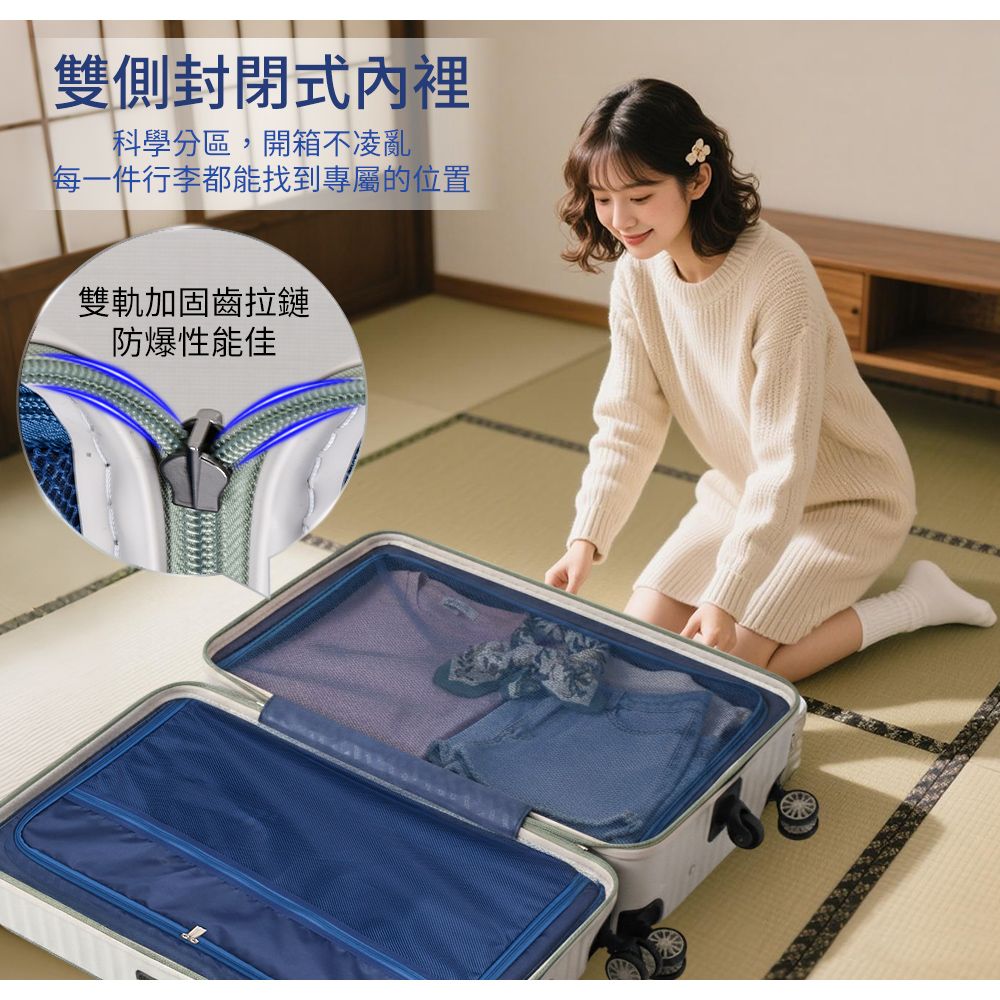 雙側封閉式內裡科學分區,開箱不凌亂每一件行李都能找到專屬的位置雙軌加固齒拉鏈防爆性能佳