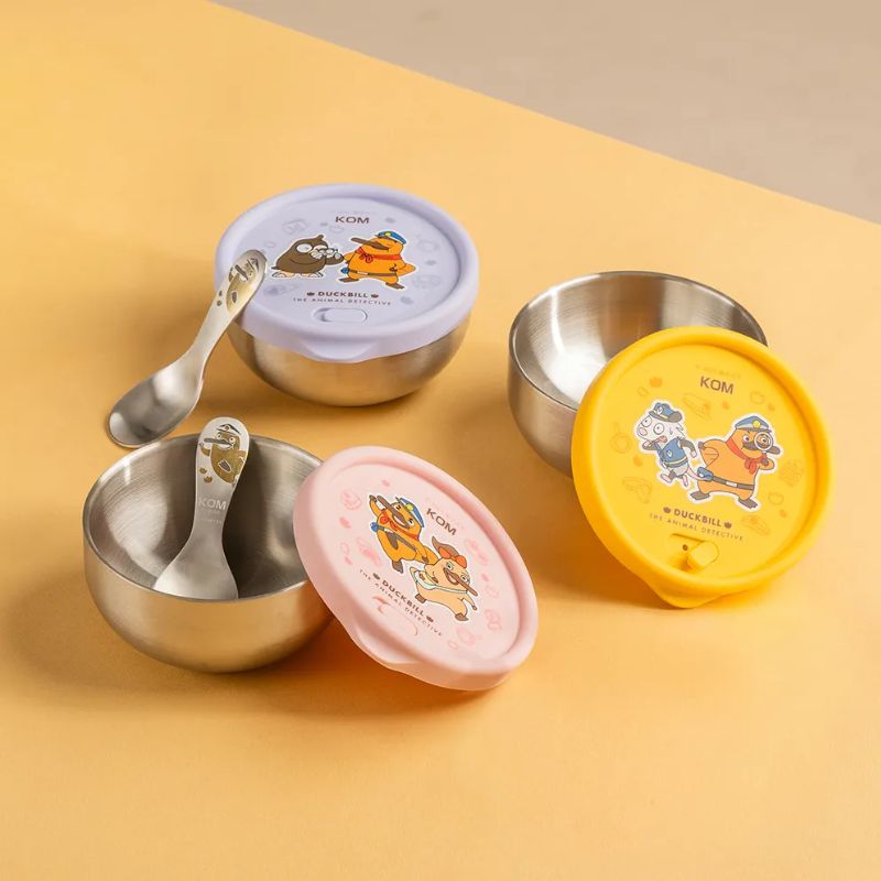 【DOZO嚴選】KOMx達克比-雙層不鏽鋼 矽膠密封 兒童隔熱碗 粉色/紫色/黃色 _三碗各一 (附彩色圓匙+太空人餐袋)