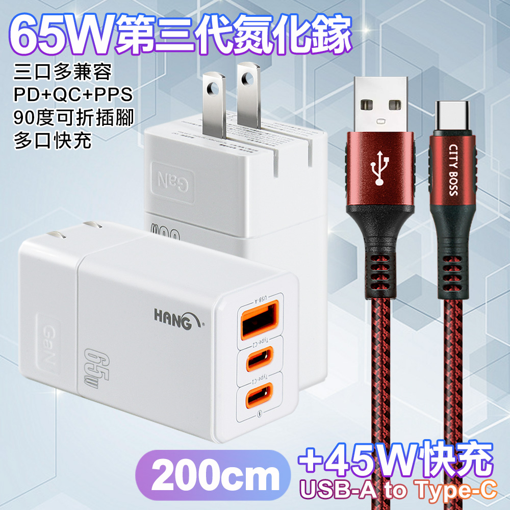 HANG 三代氮化鎵65W 白色+勇固線耐彎折編織線USB-Type-C-200cm-紅線
