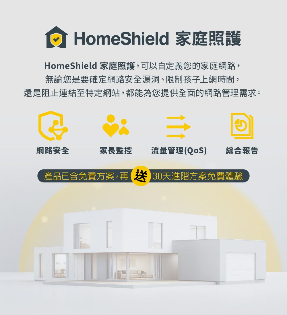 HomeShield 家庭照護HomeShield 家庭照護,可以自定義您的家庭網路,無論您是要確定網路安全漏洞、限制孩子上網時間,還是阻止連結至特定網站,都能為您提供全面的網路管理需求。網路安全家長監控流量管理(QoS) 綜合報告產品已含免費方案, 30天進階方案免費體驗