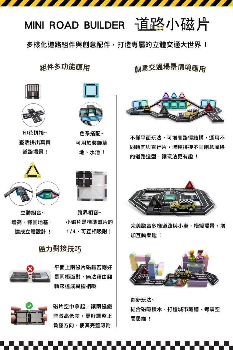 MINI ROAD BUILDER道路小磁片多樣化道路組件與創意配件,打造專屬的立體交通大世界!組件多功能應用創意交通場景情境應用印花拼接~色系搭配~靈活拼出真實道路場景!可用於地、水池!不僅平面玩法,可增高路徑結構,運用不同轉向與直行片,流暢拼接不同創意風格的道路造型,讓玩法更有趣!立體組合~增高、穩固地基,達成立體設計!跨界相容~小磁片是標準磁片的1/4,可互相吸附!完美融合多樣道路與小車,模擬場景,增加互動樂趣!磁力對接技巧平面上兩磁片磁鐵若剛好是同極面對,無法藉由翻轉來達成異極相吸磁片空中拿起,讓兩磁鐵些微高低差,更好調整正負極方向,使其完整吸附創新玩法~結合磁吸積木,打造城市隧道,考驗空思維!