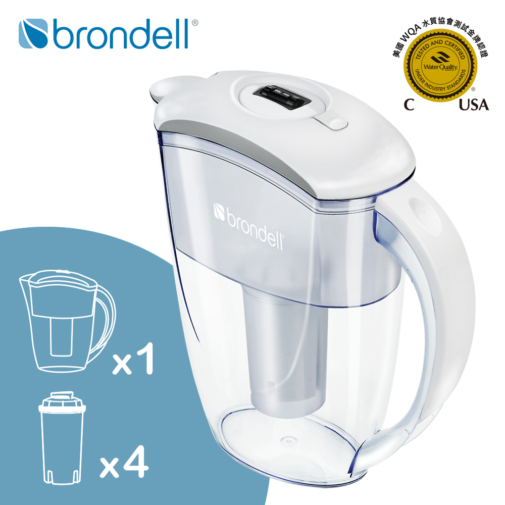 【brondell】美國邦特爾 純淨濾水壺（白）＋4入全效濾芯（1壺4芯)