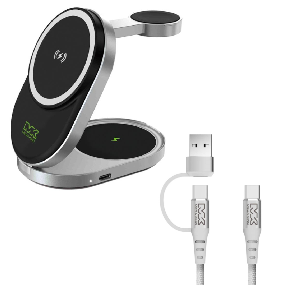 【組合價】MEGA KING Ｑi2三合一15W磁吸折疊無線充電支架 黑+C/A to C 二合一傳輸充電編織線 1M 白