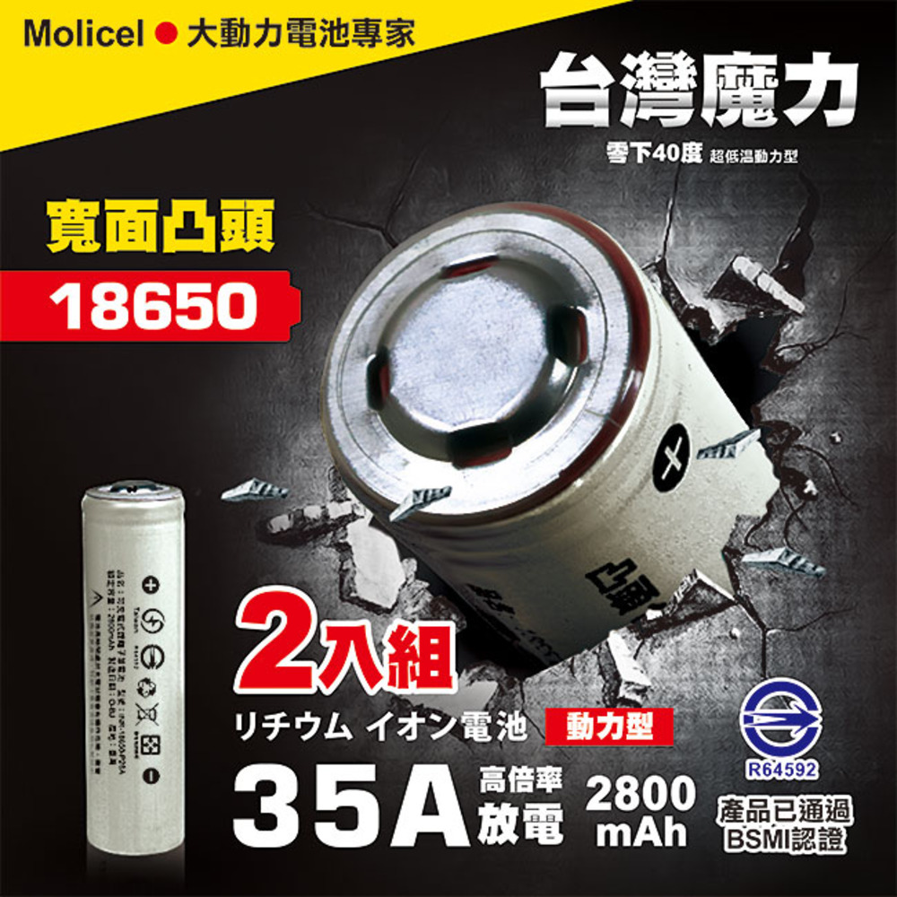【Molicel】18650 高倍率動力型鋰電池2800mAh 2入-凸頭