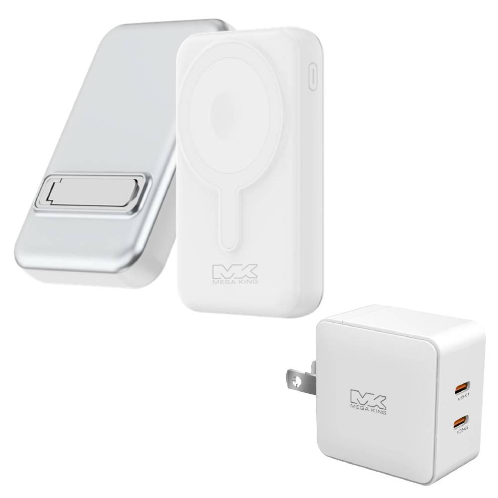 【組合價】MEGA KING 10000 多功能磁吸支架行動電源 白+45W GaN氮化鎵PD雙孔旅充頭(2C) 白