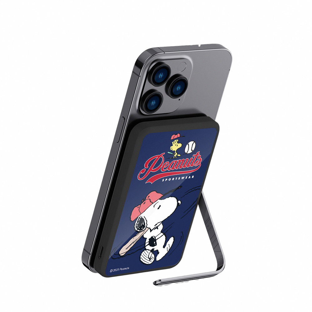 【SNOOPY史努比】質感玻璃面 磁吸無線充側支架行動電源5000mAh_尚勇藍