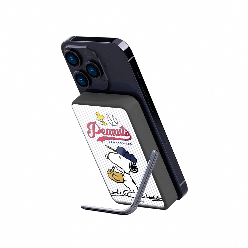 【SNOOPY史努比】質感玻璃面 磁吸無線充側支架行動電源10000mAh_英雄白