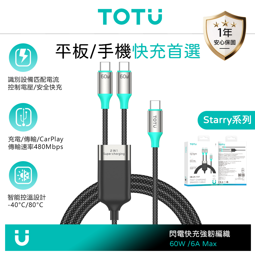 TOTU台灣官方 一分二 雙Type-C/PD充電線傳輸線快充線編織線 QC4.0 Starry系列 1.2M