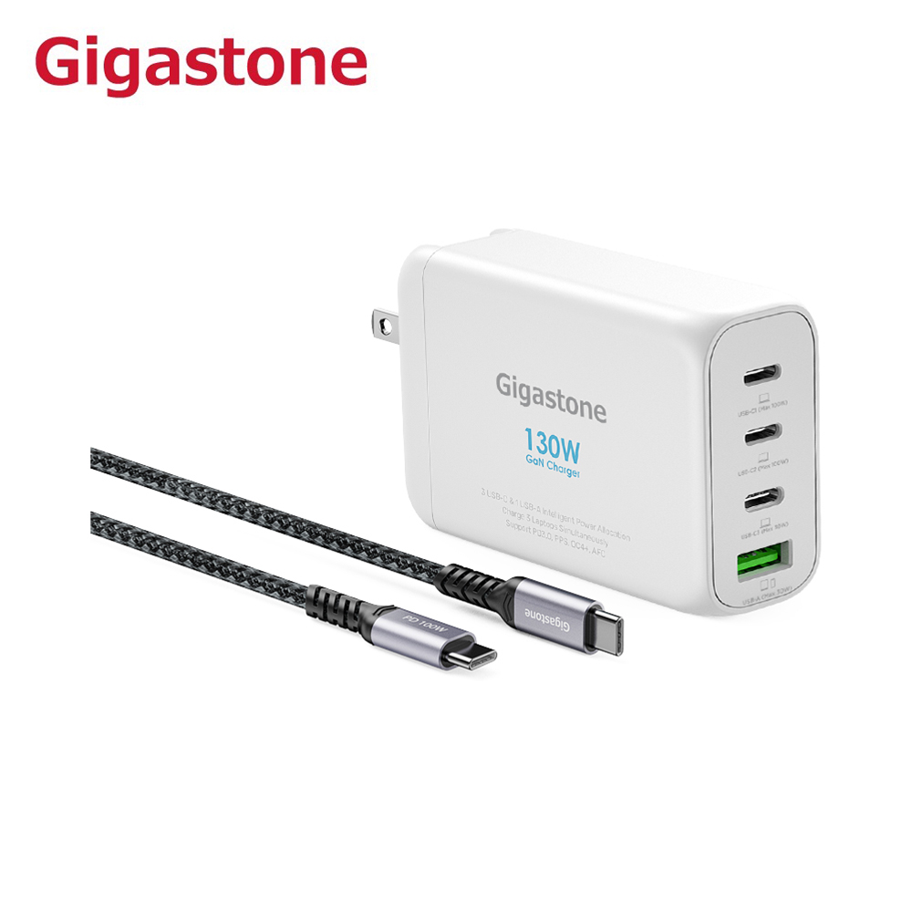 【Gigastone】130W 氮化鎵GaN 四孔充電器 + C to C 100W快充傳輸線 快充組(PD-130)_白色